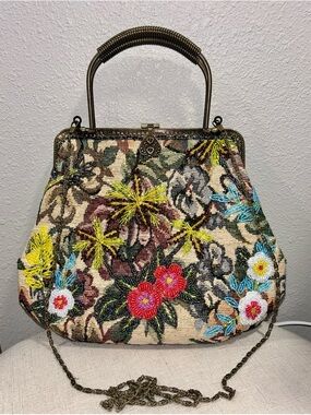 Vintage hand beaded tapestry handbag top handle with shoulder strap 1960s style
